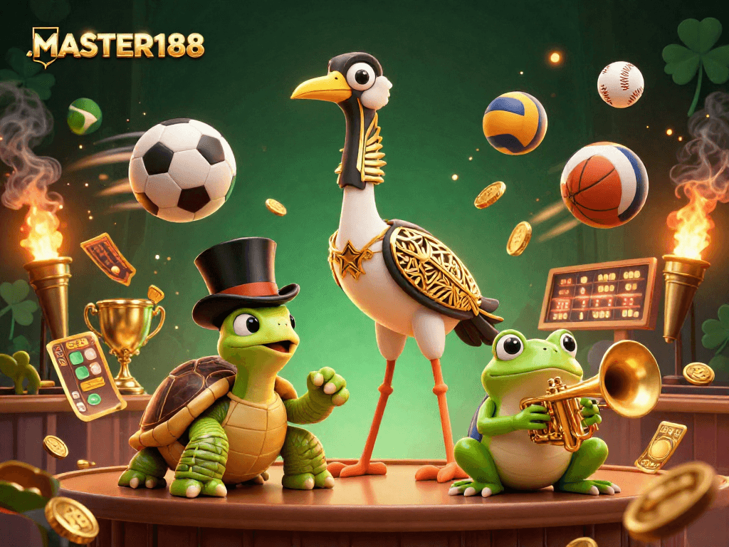 Experience winning with MASTER188 through an animated scene of gambling excitement featuring vibrant characters.