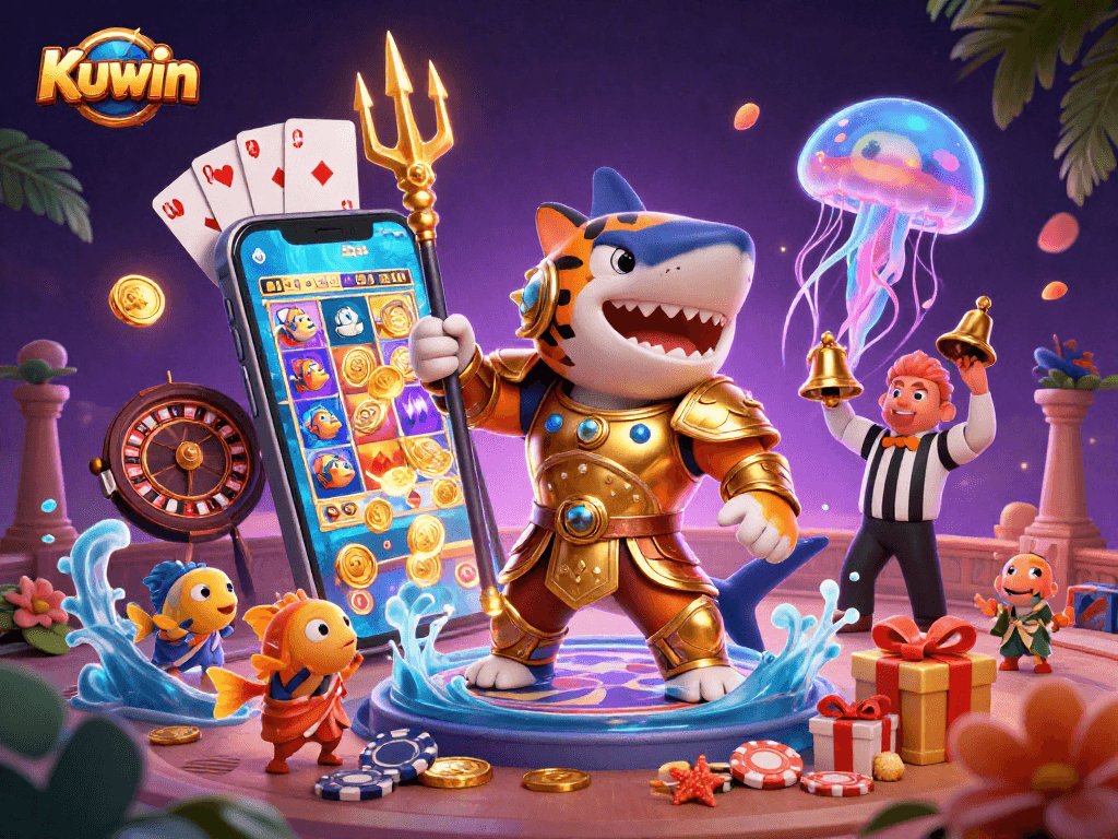Experience the thrill of Kuwin as a tiger shark battles in an underwater colosseum with dynamic game elements.