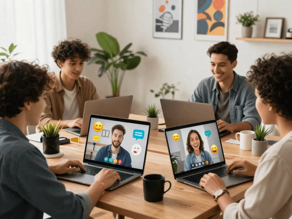Exciting spicy chat scene showcasing individuals connecting online in vibrant home offices with colorful emojis.
