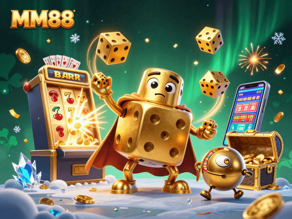 Engage with MM88's dynamic gaming world showcasing golden dice, slot machines, and vibrant casino thrills.