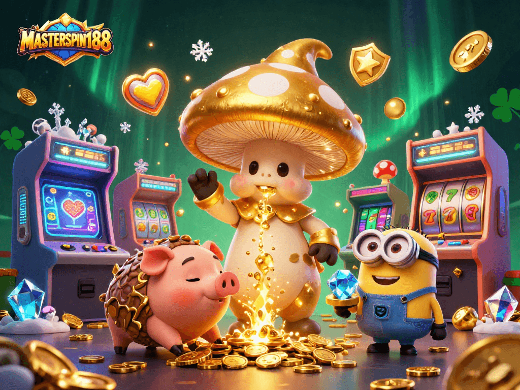Engage with MASTERSPIN188 and discover golden treasures in this vibrant casino-themed illustration.