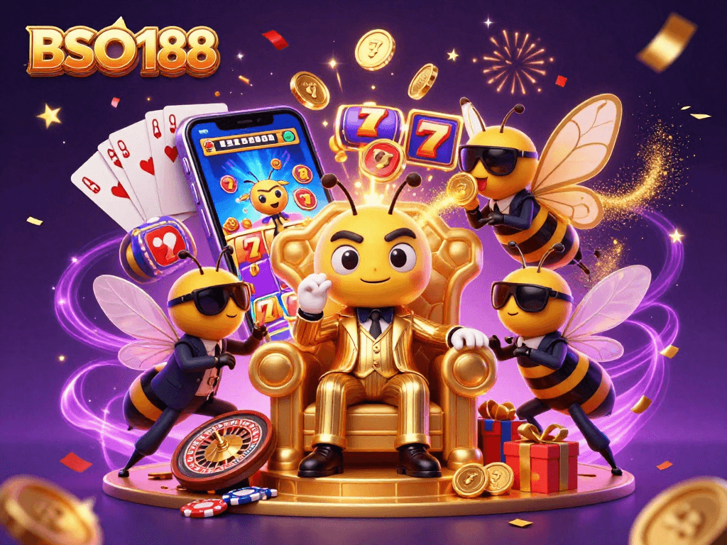 Experience excitement with BSO188, as colorful slot game elements surround a bumblebee mob boss in a vibrant casino scene.