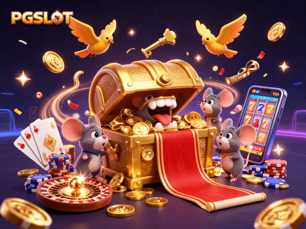 Spin the reels of PGSLOT for exciting wins and colorful gameplay in this vibrant 3D illustration.