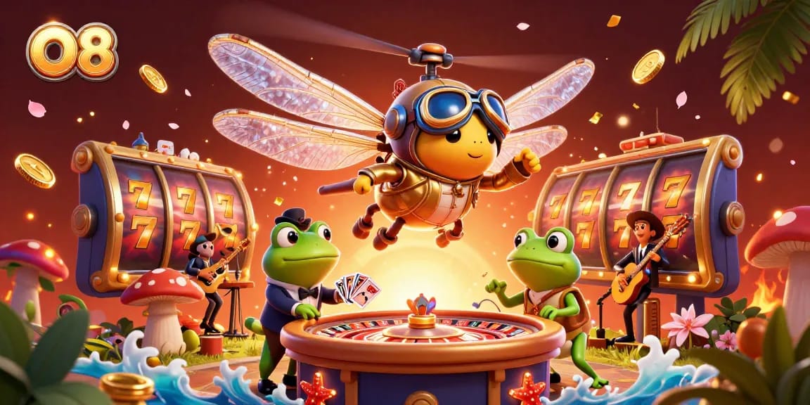 O8 gambling scene with a cartoon dragonfly pilot, frog dealer, and slot reels spinning.