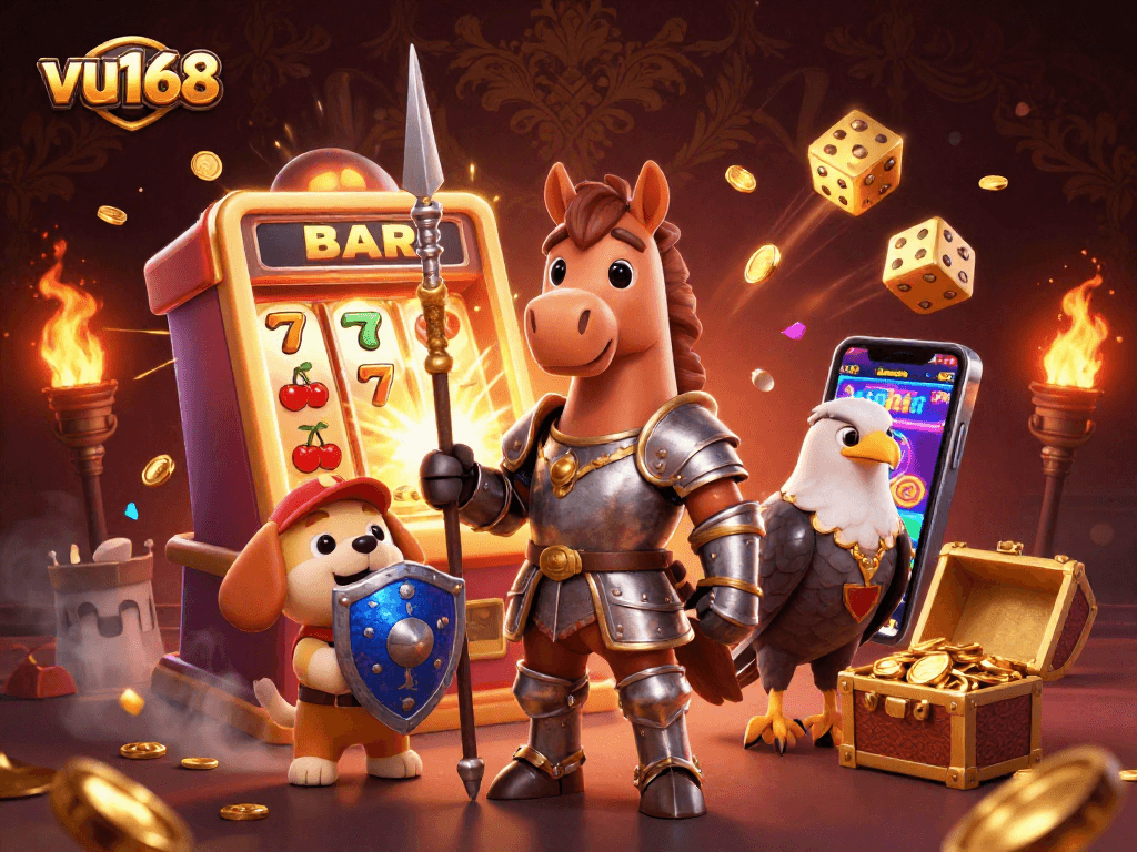 Experience thrilling wins with vu168 as knights and a puppy enjoy vibrant casino games in a detailed fantasy scene.