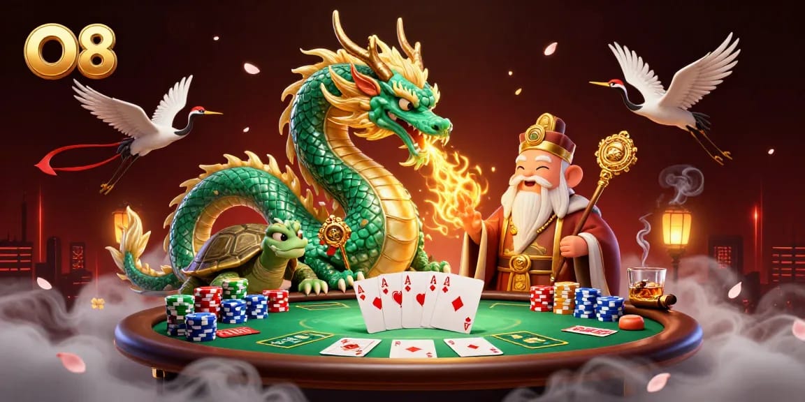 Experience thrilling gameplay at O8 with a vibrant scene of a jade dragon and poker elements.