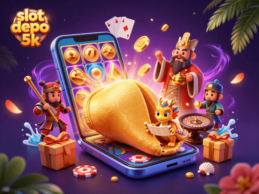 Engage with slot depo 5k's thrilling adventures through a colorful, dynamic 3D casino illustration packed with action.
