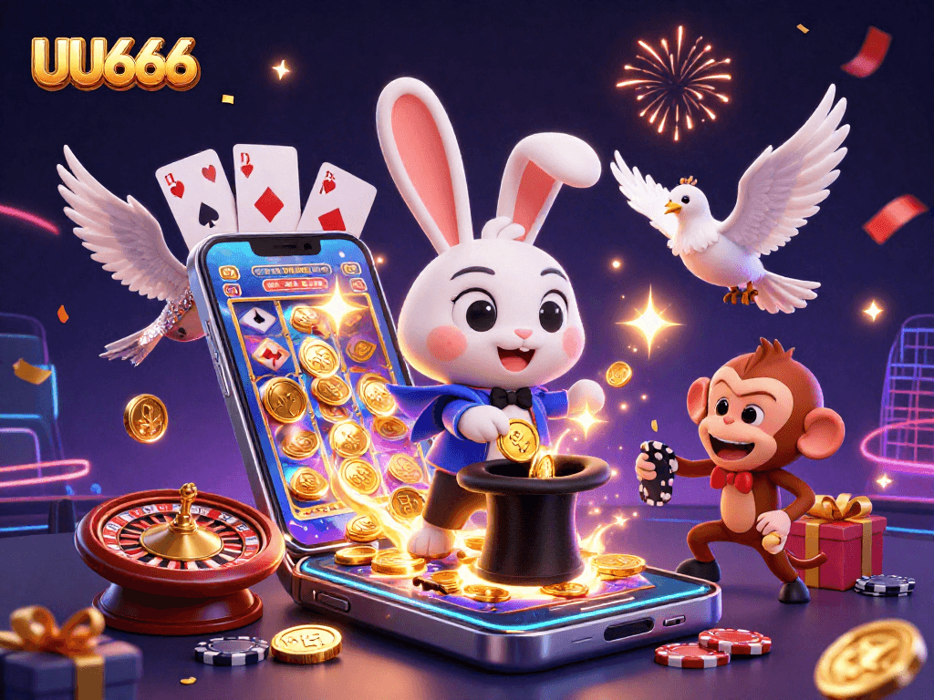 Experience exciting gaming with UU666 as a magician rabbit conjures coins and a monkey snatches poker chips.