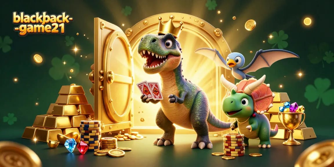 Engage in thrilling blackjack-game21 action as a T-Rex shuffles cards while a triceratops stacks golden chips.
