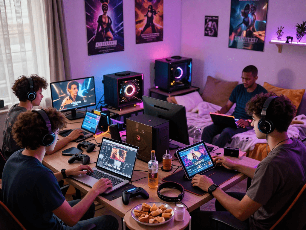 Players enjoying diverse sexgames on multiple devices in a vibrant gaming setup.