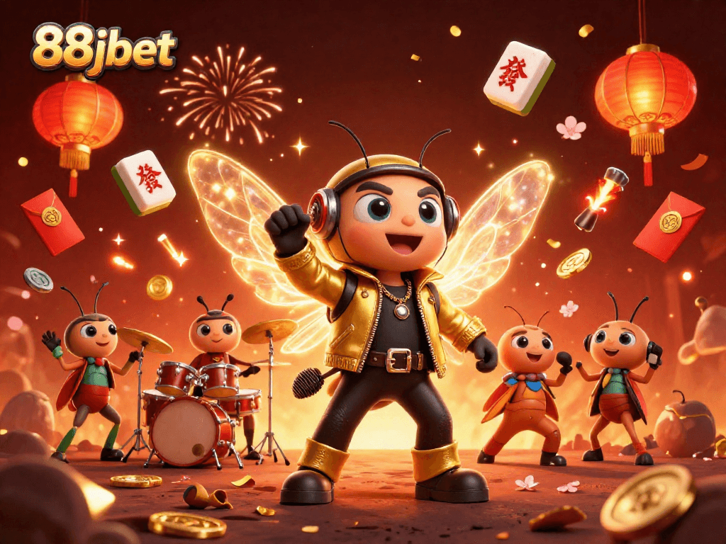 Celebrate with 88jbet at a vibrant casino scene featuring electric characters and festive decorations.
