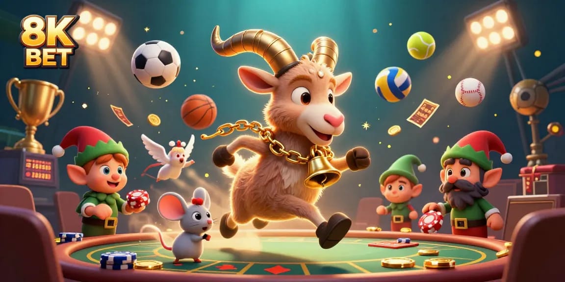 Engage in festive gaming excitement with 8K BET, amidst dynamic characters and vibrant casino action.