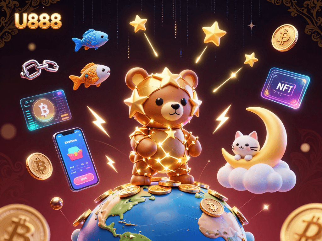 Experience U888's dynamic gaming scene with golden stars and crypto elements in a vibrant digital universe.