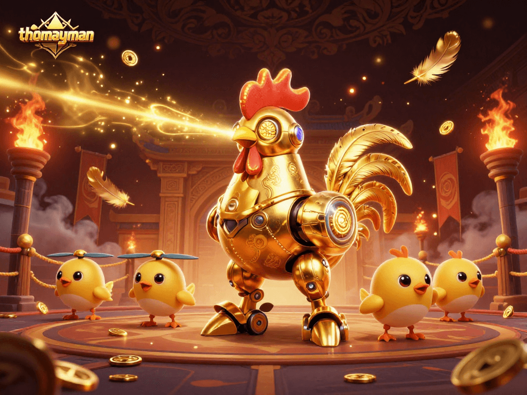 Spin the reels with thomayman and the golden rooster robot in a vibrant casino scene!