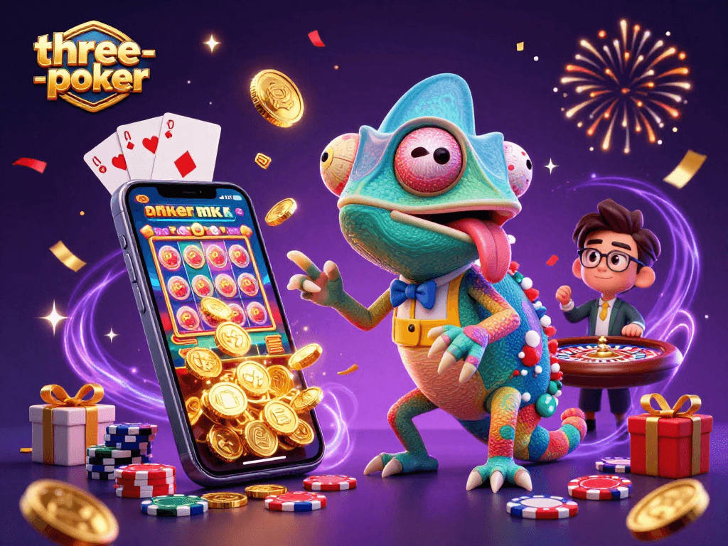 Experience the excitement of three-card-poker with colorful cards and vibrant casino elements.