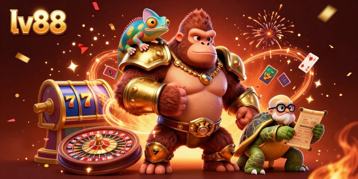 Witness the lv88 adventure with a gorilla king, chameleon, and tortoise in a vibrant casino scene.