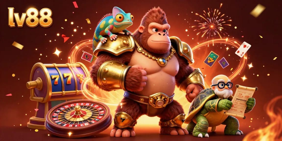 Witness the lv88 adventure with a gorilla king, chameleon, and tortoise in a vibrant casino scene.
