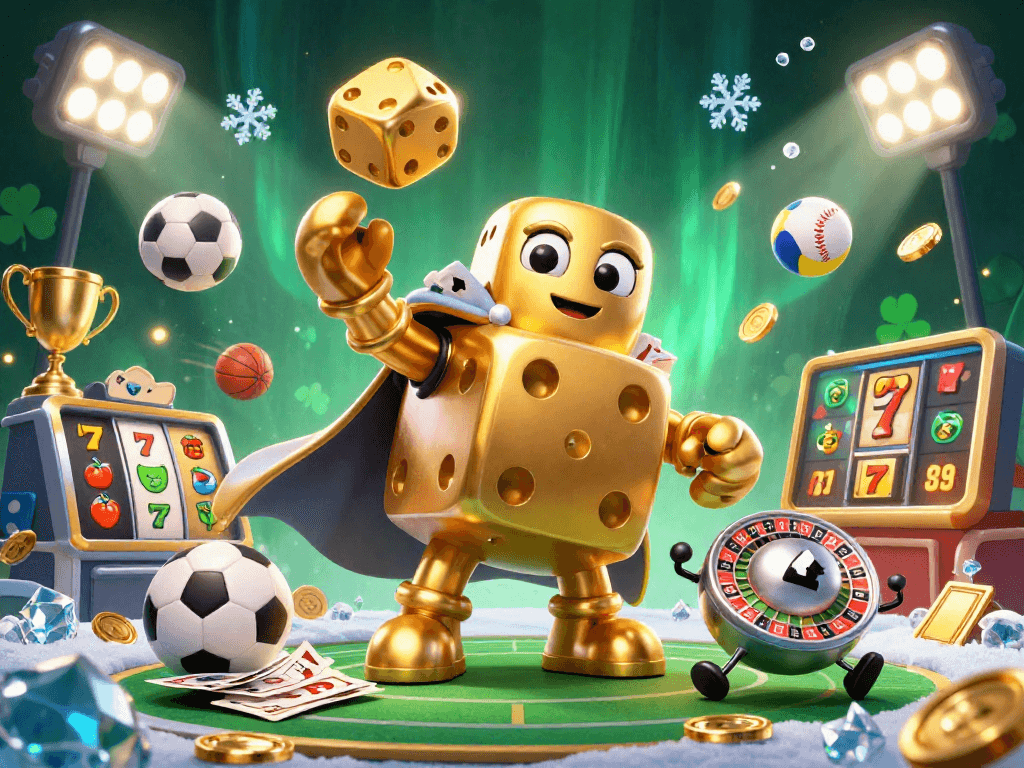 Experience the dynamic gaming world of ON68 with a whimsical illustration of a golden dice golem and thrilling slot elements.