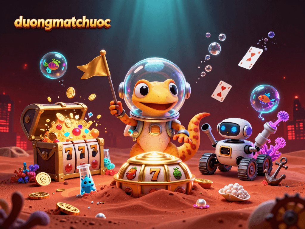 Experience exciting duongmatchuoc gaming action with a cartoon gecko in a golden casino.