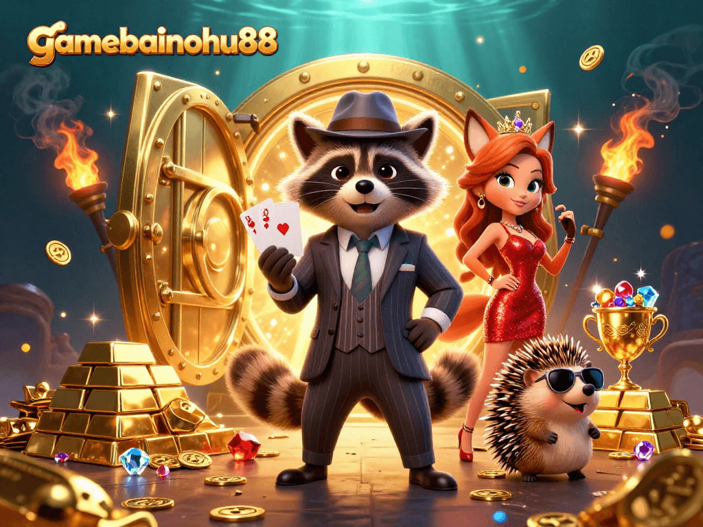 Engage in thrilling gameplay at gamebainohu88 while exploring a 3D cartoon casino illustration featuring treasure, characters, and casino elements.