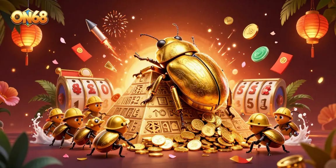 Experience the thrill of ON68 as a golden beetle rolls coins amidst vibrant casino elements and festive decorations.