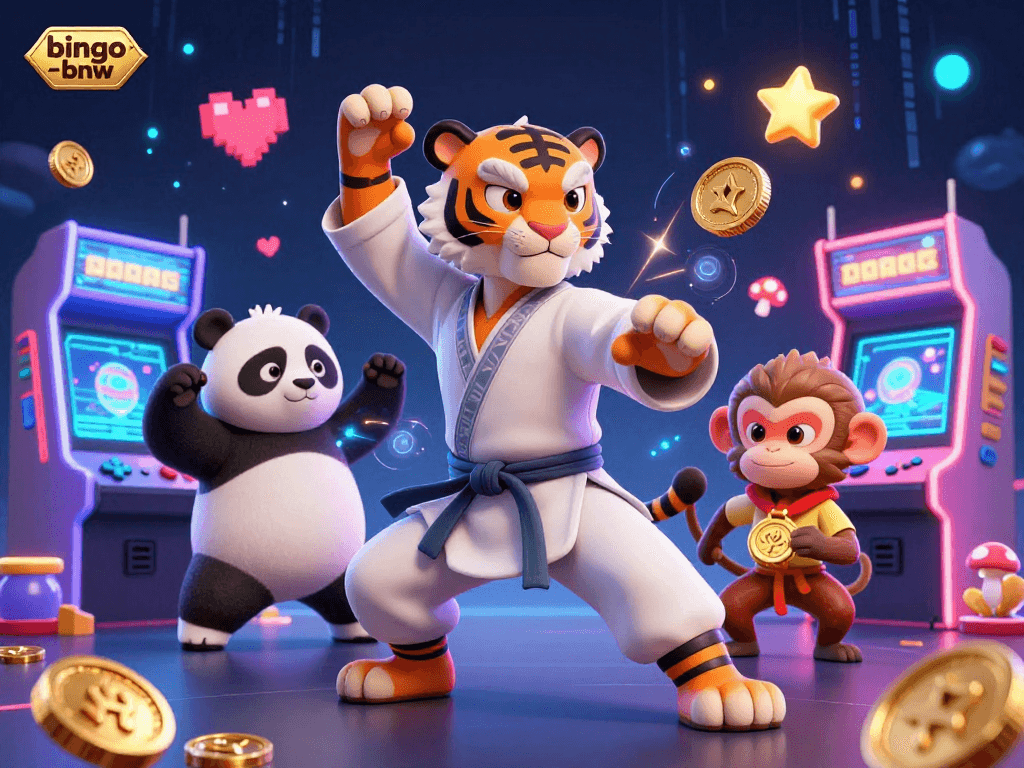 Bingo-bnw brings excitement in a vibrant illustration of a kung fu tiger mastering bingo gameplay.