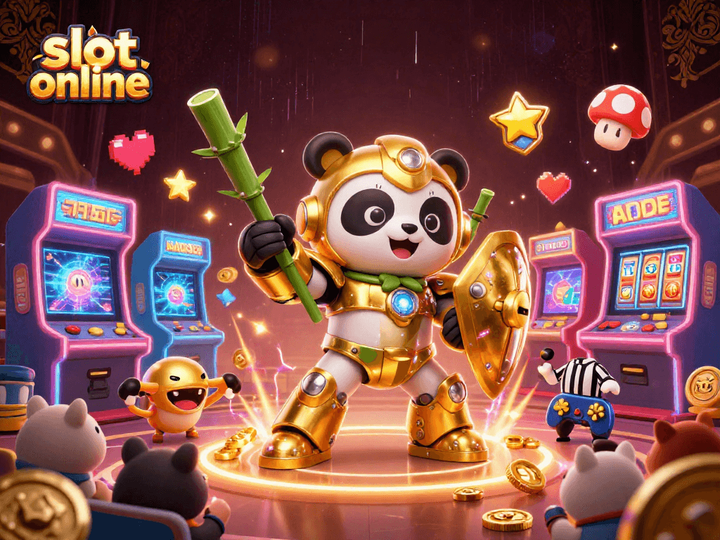 Permainan slot online yang seru dengan panda emas mengemudikan robot gaya bambu di arena kasino.
