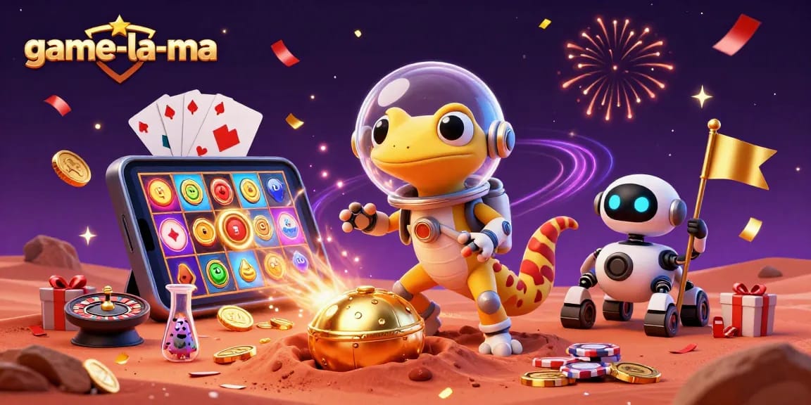 Experience the thrilling game-la-ma action as Martian gecko discovers a golden casino in style!