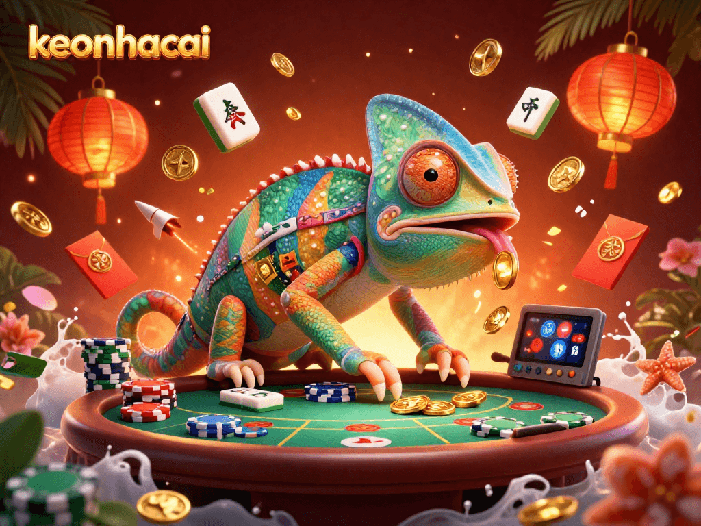 Engage with keonhacai's vibrant casino scene featuring a chameleon owner and dynamic gaming elements.