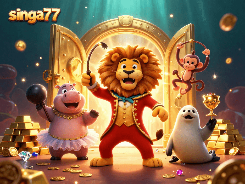 Singa77 showcases an energetic circus-themed casino scene featuring joyful characters and dynamic game elements.