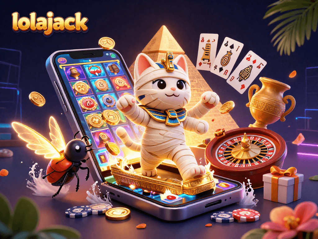 Join the lolajack fun with a vibrant 3D illustration of an Egyptian mummy cat bursting from a casino sarcophagus.