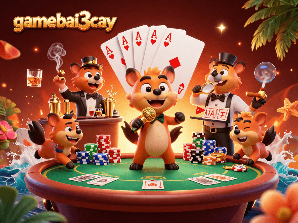 Experience excitement at gamebai3cay's comedy casino with vibrant hyena characters entertaining players.
