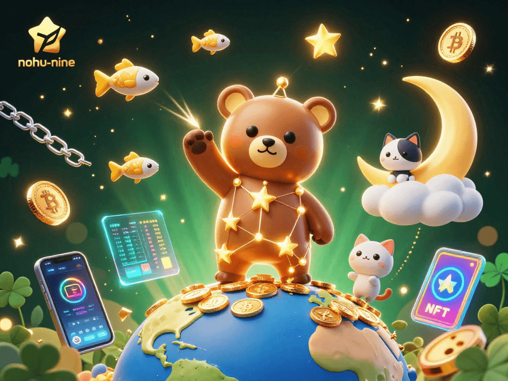 Nohu-nine showcases a vibrant 3D cosmic scene with golden coins and shooting stars, celebrating online gaming.