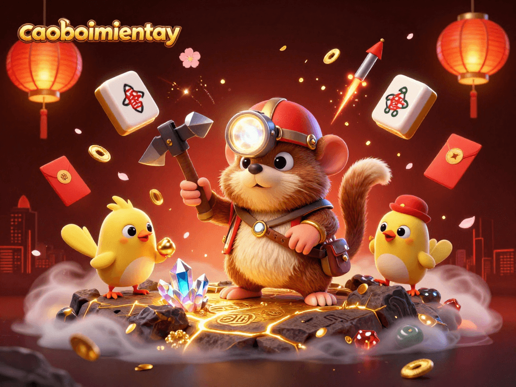 Explore caoboimientay with a treasure hunter mole and canary amidst glimmering gems in a lively gambling cave.