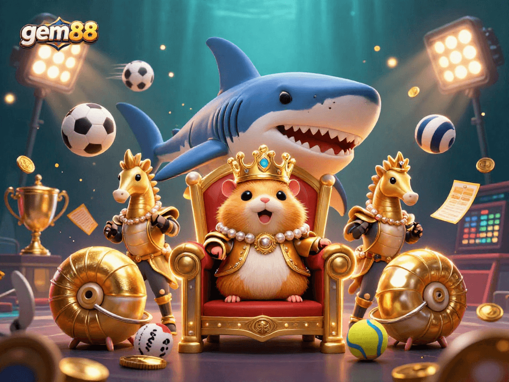 Engage with gem88's vibrant 3D casino world showcasing a fierce hamster king and exciting betting elements.