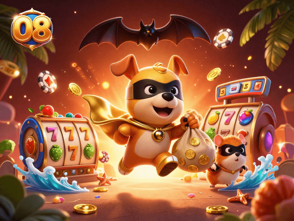 O8's superhero dog character soars amid vibrant casino elements, capturing excitement and joy.