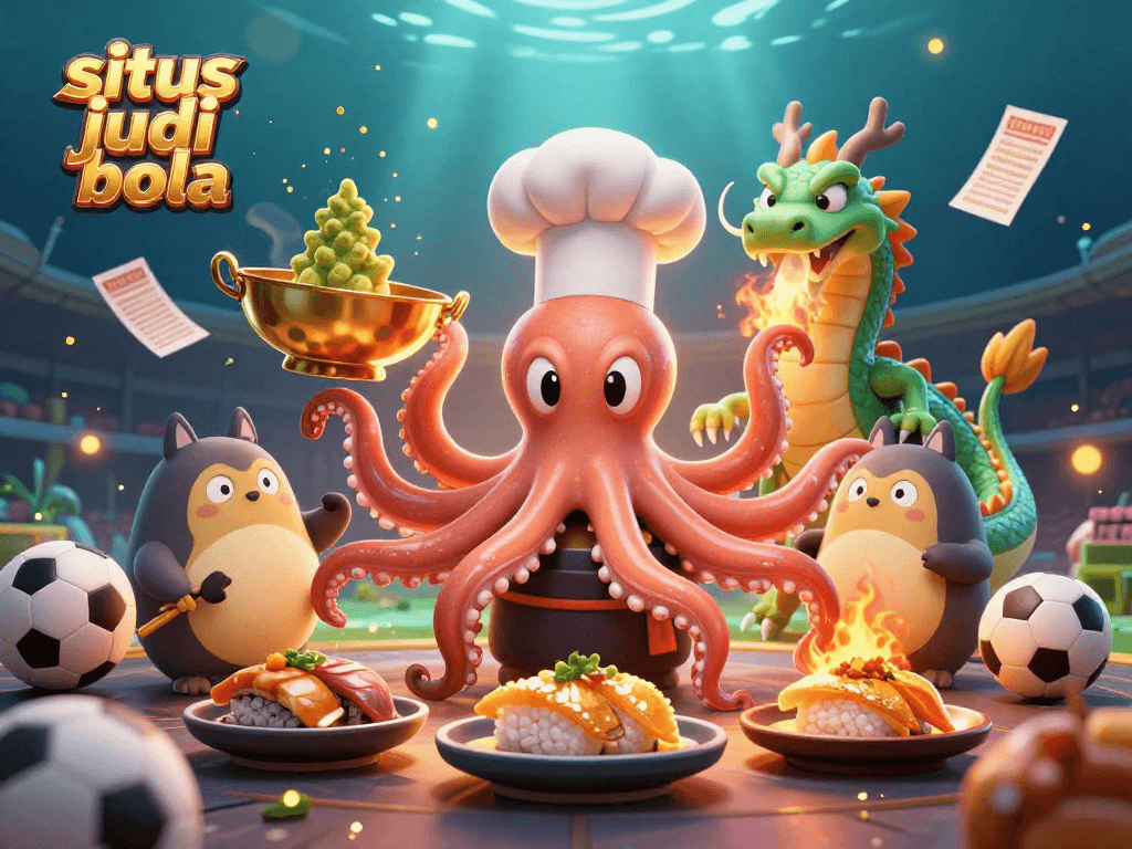 Sit and bet in style at situs judi bola with this vibrant illustration featuring an octopus chef, dragon, and tanuki.