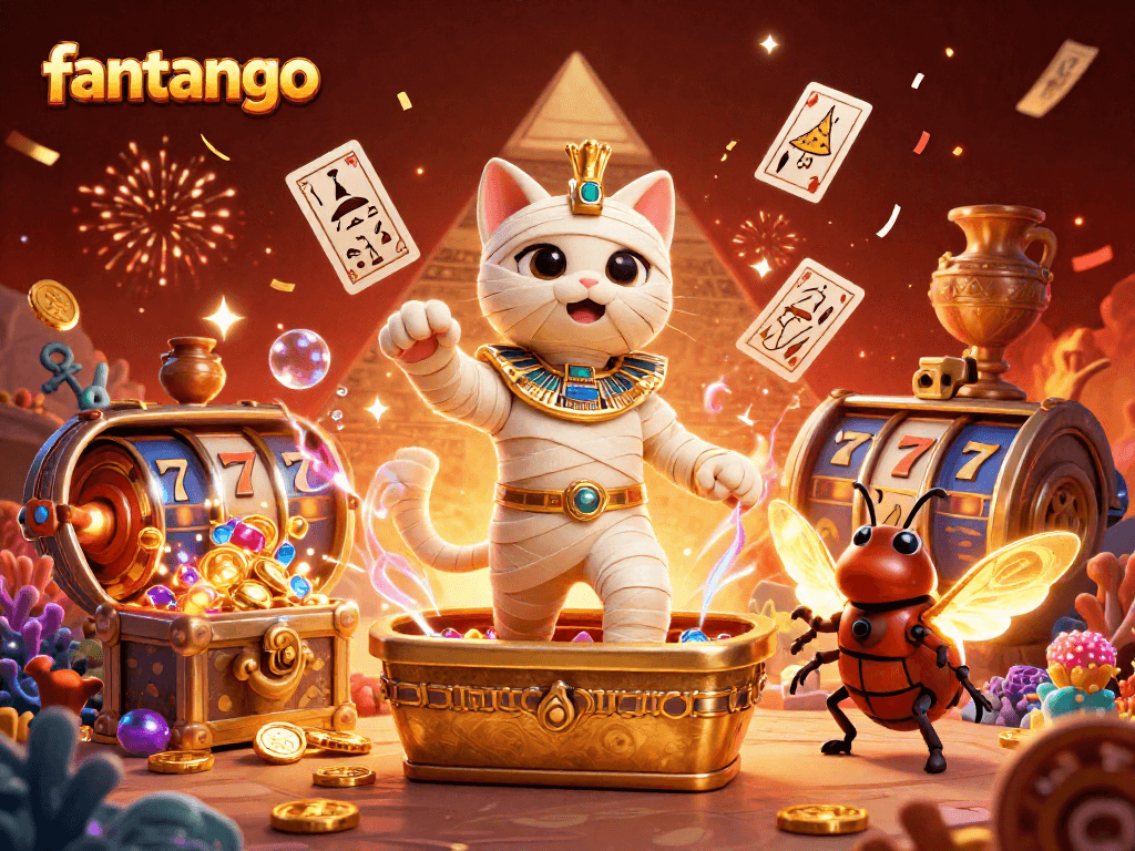 Engage in fantasy with fantango at the vibrant casino featuring a mummy cat and treasures.