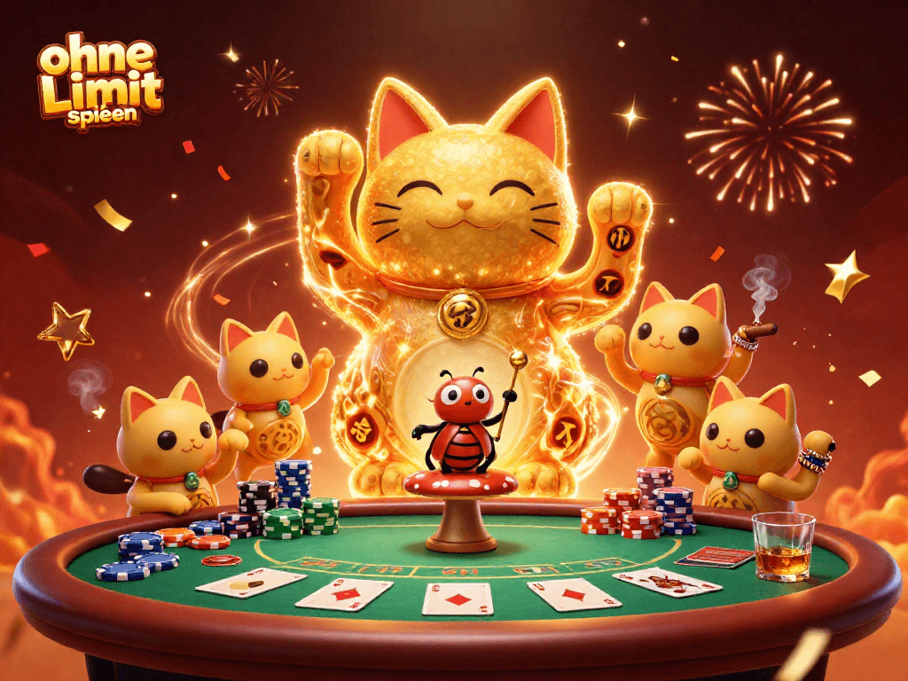 Engage in ohne Limit spielen at a vibrant casino scene with a lucky cat and poker elements.