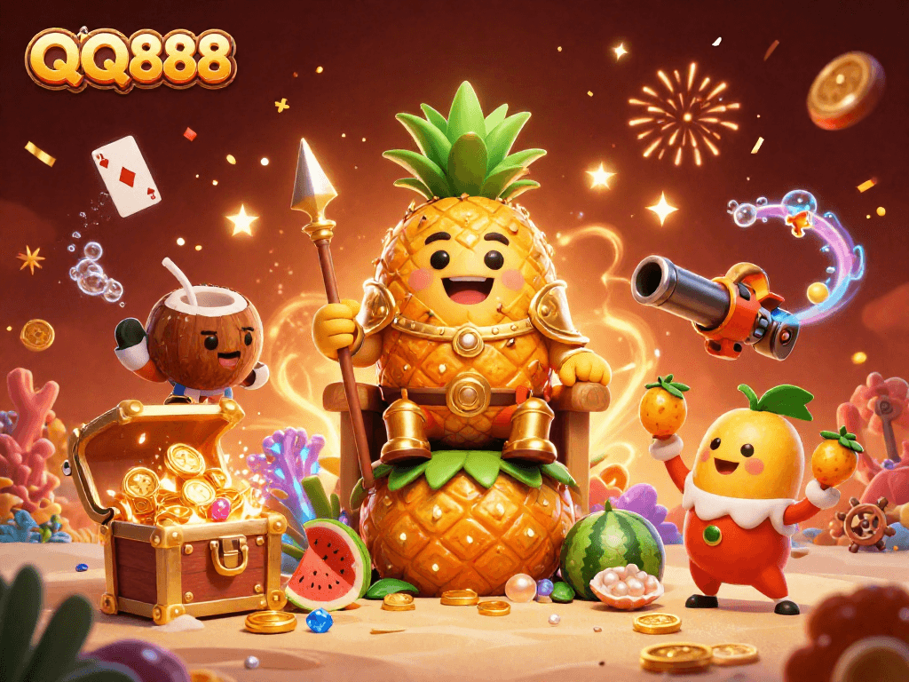 Engage with QQ888's vibrant casino world featuring a golden pineapple king and pirate elements.