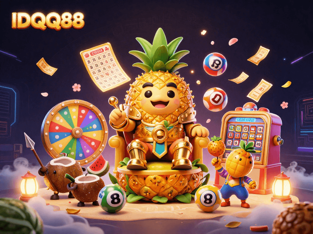 IDQQ88 invites excitement at a vibrant beach casino featuring the golden pineapple king and lottery action.
