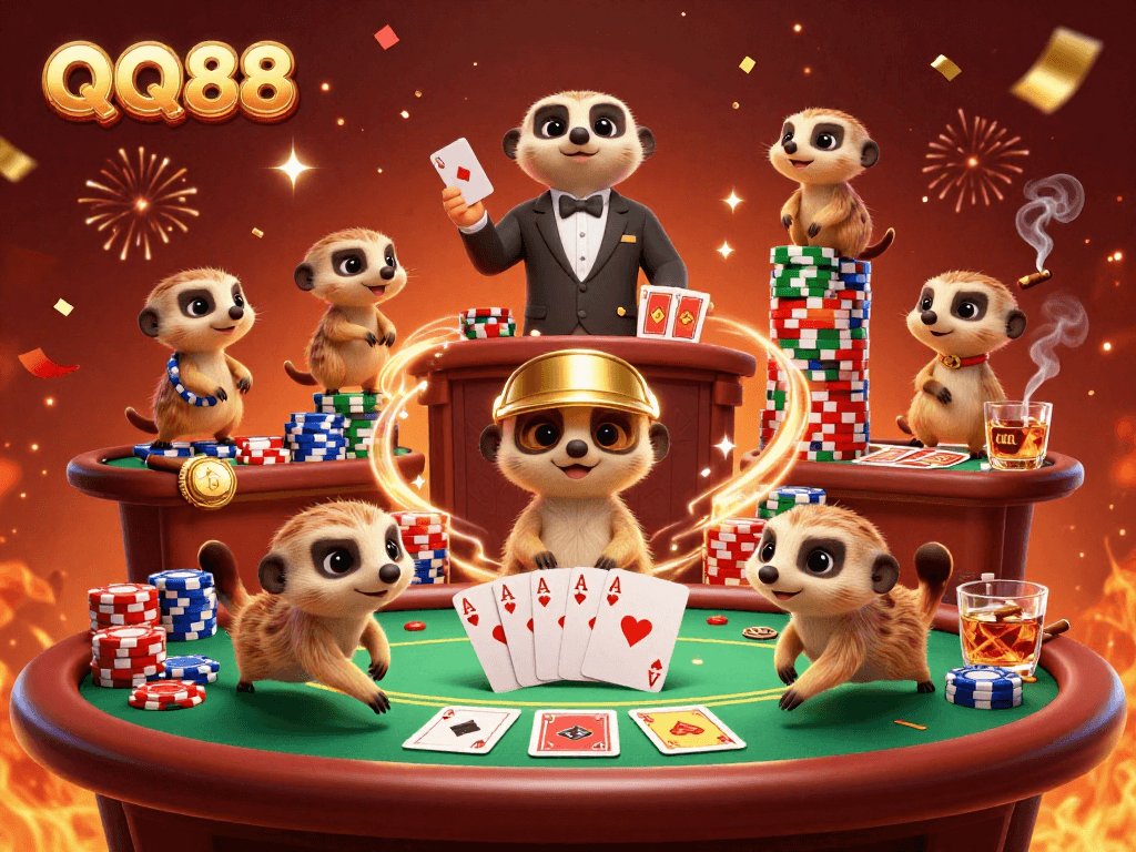 Experience thrilling gaming at QQ88 with dynamic meerkat dealers in an exciting casino setting.