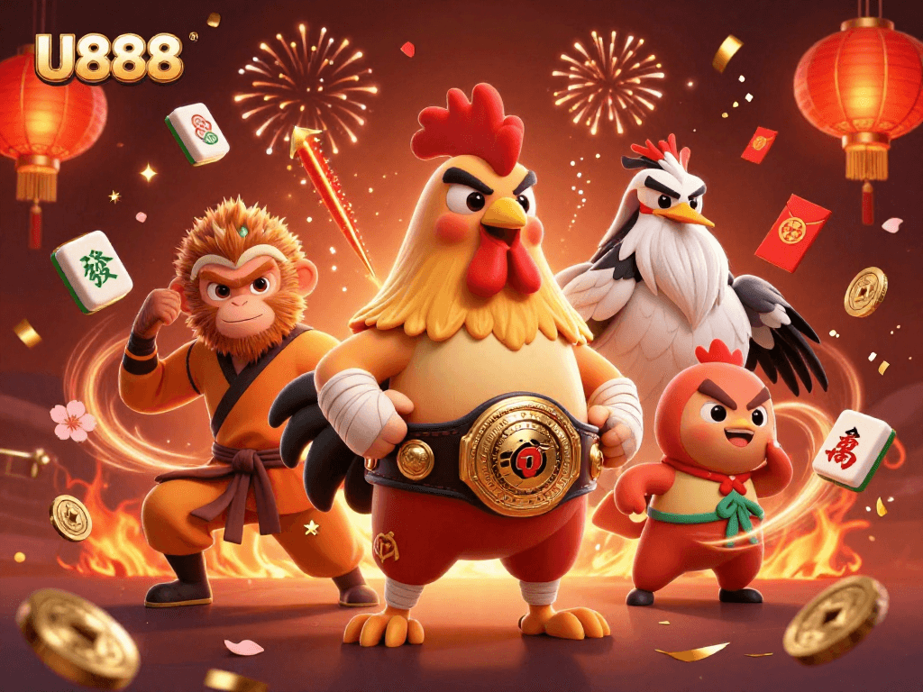 Experience the excitement of U888's thrilling gambling with vibrant characters and festive elements.