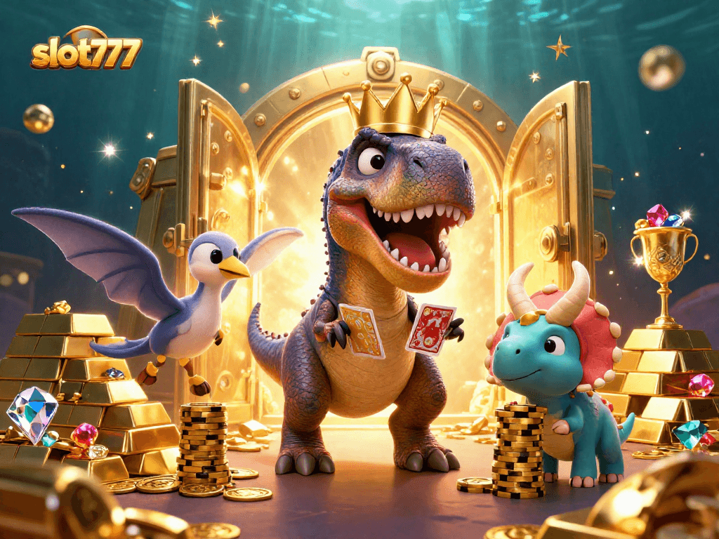 Menghasilkan kemenangan menarik di slot777 dengan T-Rex bermain kartu dan triceratops menumpuk chip emas.