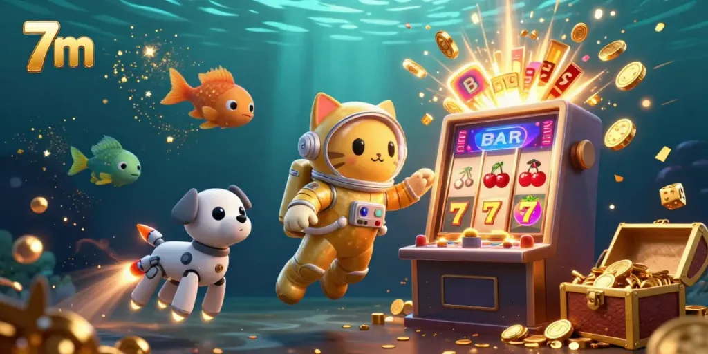 Engage with 7m's thrilling gambling features, showcasing a space-themed cat astronaut and slot machines bursting with cash.