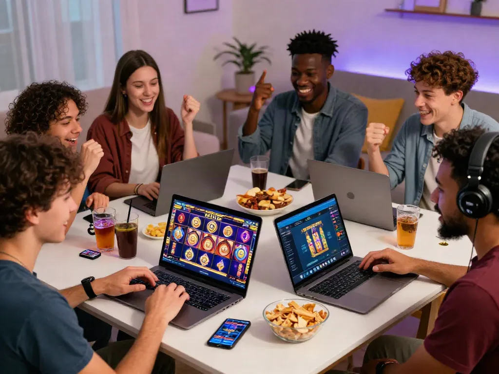 Friends enjoying a gaming night using luxury12 link for thrilling slot games.