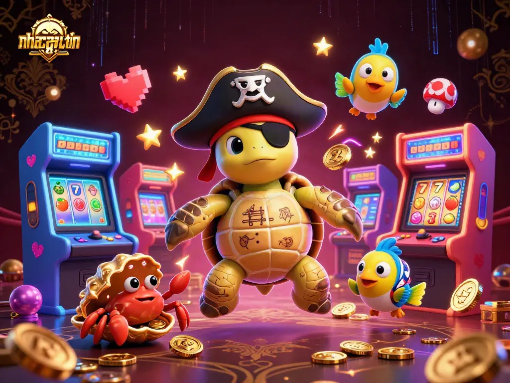 Experience thrilling bets with nhacaiuytin, featuring a pirate turtle and treasure in an animated casino scene.