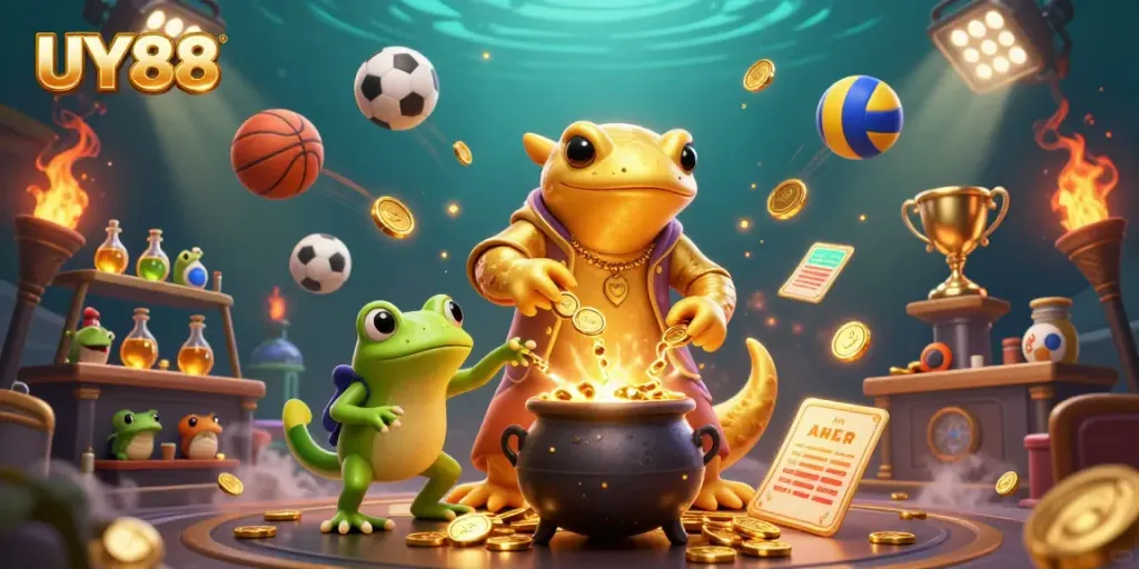 Engage with UY88's gaming universe, featuring golden alchemist characters amidst dynamic sports elements.