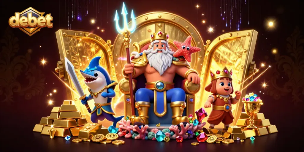 Win big with Debet in this vibrant 3D casino scene showcasing Neptune and treasures!