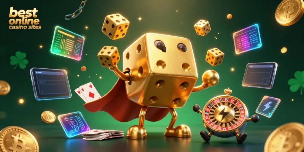 Engage with the best online casino sites showcased in a vibrant, animated 3D casino scene.